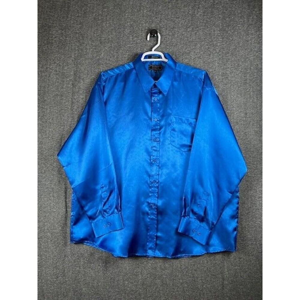 Money Collection Mens 18.5 36 37 Blue Button Up Long Sleeve Polyester - Picture 2 of 7
